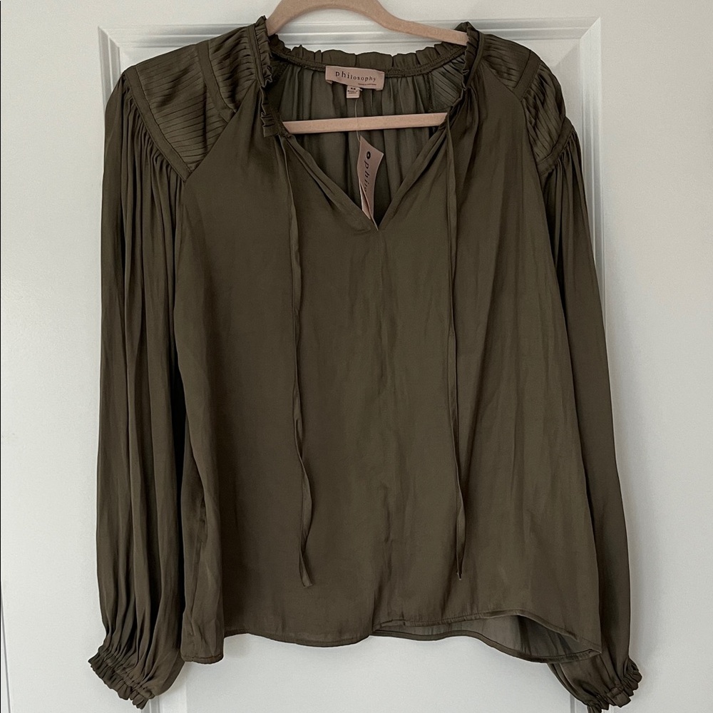 Philosophy Olive Green Peasant Blouse with Tie Neck